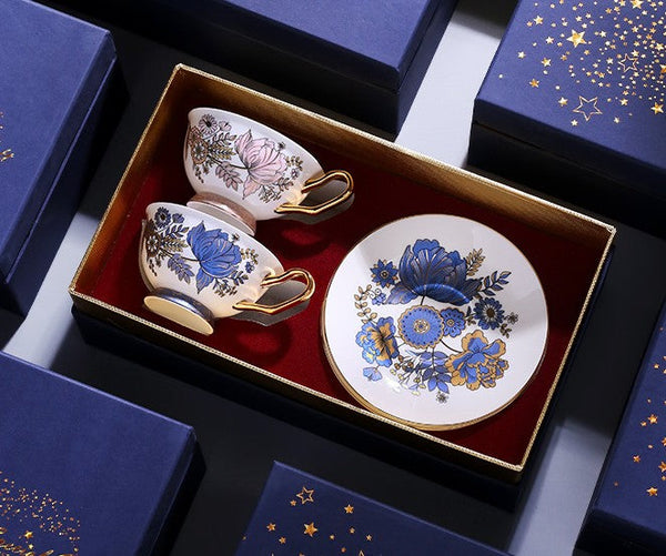 Elegant Ceramic Coffee Cups, Afternoon British Tea Cups, Unique Iris Flower Tea Cups and Saucers in Gift Box, Royal Bone China Porcelain Tea Cup Set-Silvia Home Craft