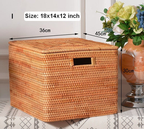 Extra Large Rattan Storage Baskets for Clothes, Rectangular Storage Basket with Lid, Kitchen Storage Baskets, Oversized Storage Baskets for Bedroom-Silvia Home Craft