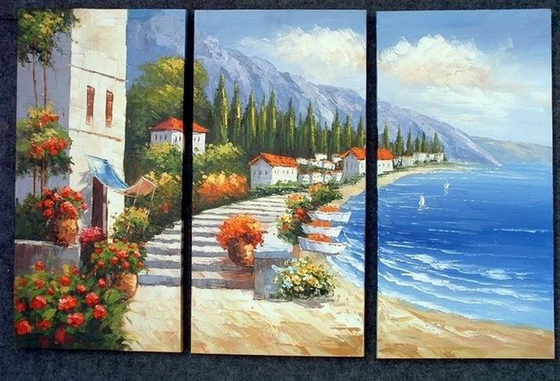 Italian Mediterranean Sea, Landscape Art, Summer Resort, Canvas Painting, Landscape Painting, Large Painting, Living Room Wall Art, Oil on Canvas, 3 Piece Oil Painting, Large Wall Art-Silvia Home Craft