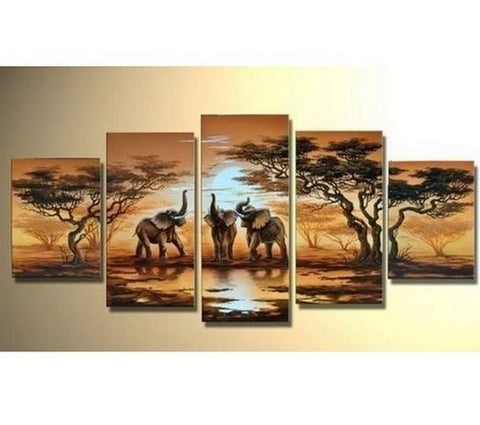 Large Canvas Art, Abstract Art, African Elephant Art, Canvas Painting, Abstract Painting, Living Room Art painting, 5 Piece Art, Modern Art-Silvia Home Craft