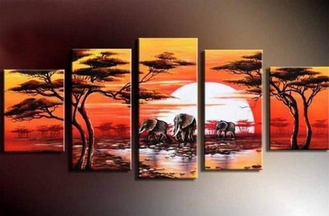 Large Canvas Art, Abstract Art, Canvas Painting, Abstract Painting, African Art, Elephant Sunset Art, Home Art, 5 Piece Wall Art, Landscape Art, Ready to Hang-Silvia Home Craft