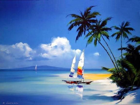 Hawaii Beach, Seashore Painting, Sail Boat Painting, Canvas Art, Canvas Painting, Oil Painting, Wall Art, Large Painting, Canvas Painting, Canvas Art-Silvia Home Craft