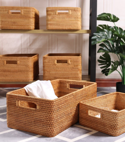 Rectangular Storage Basket, Woven Storage Baskets, Rattan Storage Basket for Clothes, Storage Baskets for Bathroom, Kitchen Storage Basket-Silvia Home Craft