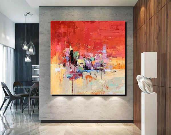Simple Canvas Paintings, Dining Room Modern Paintings, Red Abstract Contemporary Art, Acrylic Painting on Canvas, Heavy Texture Paintings-Silvia Home Craft