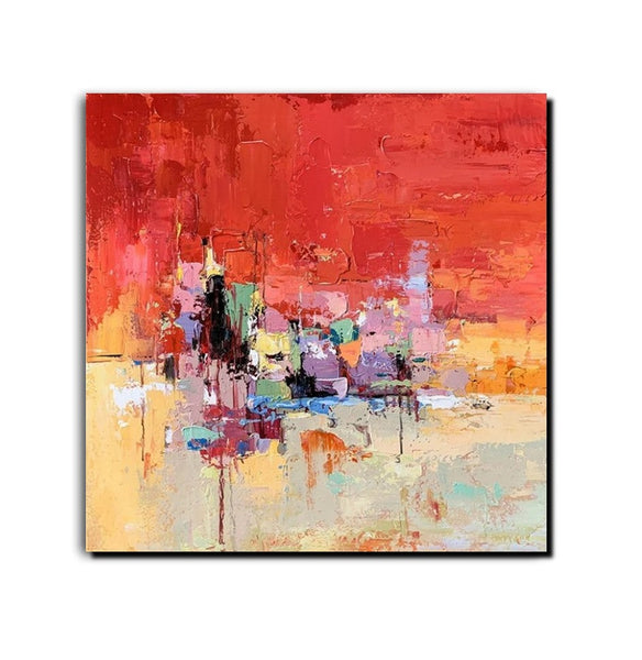 Simple Canvas Paintings, Dining Room Modern Paintings, Red Abstract Contemporary Art, Acrylic Painting on Canvas, Heavy Texture Paintings-Silvia Home Craft
