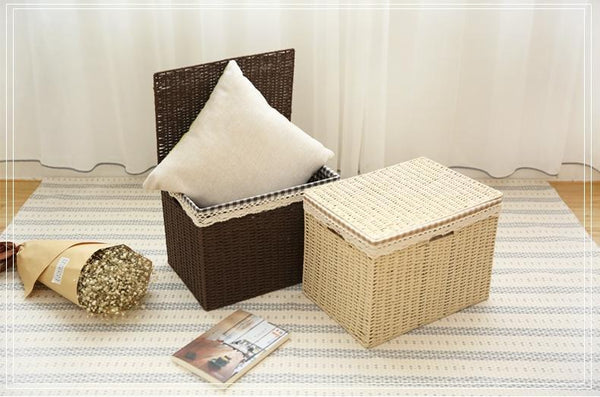 Large Deep Brown / Cream Color Woven Straw basket with Cover, Storage Basket for Toys, Rectangle Storage Basket, Storage Basket for Clothes-Silvia Home Craft