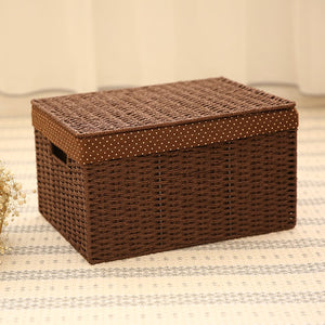 Storage Basket for Toys, Deep Brown / Cream Color Woven Straw basket with Cover, Rectangle Storage Basket for Clothes, Bedroom Storage Baskets-Silvia Home Craft