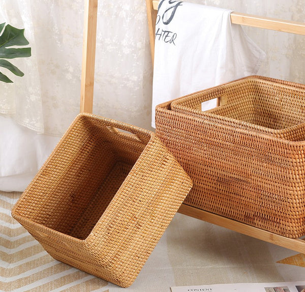 Rectangular Storage Basket, Woven Storage Baskets, Rattan Storage Basket for Clothes, Storage Baskets for Bathroom, Kitchen Storage Basket-Silvia Home Craft