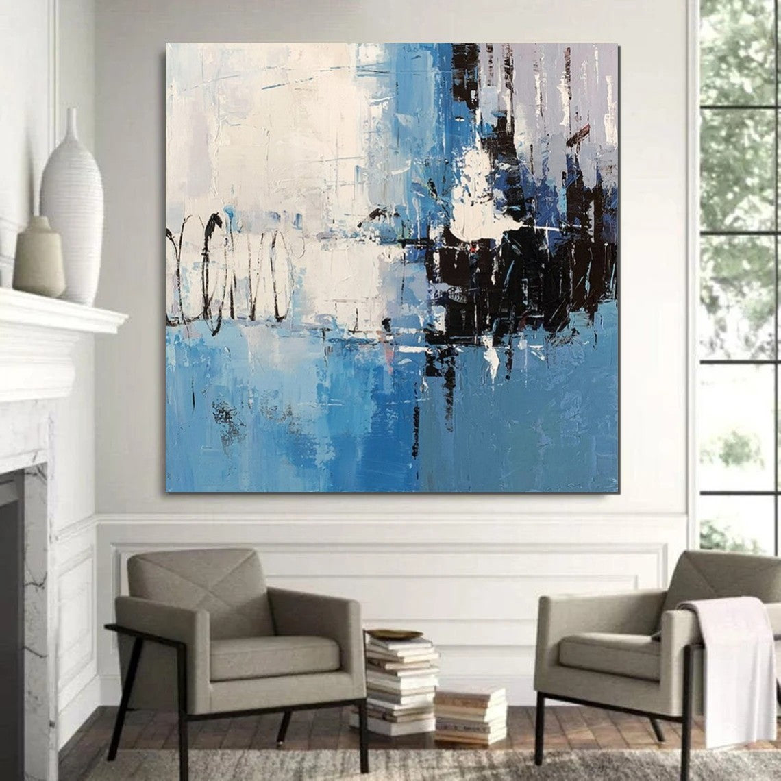 Simple Abstract Painting for Living Room, Modern Paintings for Dining Room, Blue Contemporary Modern Art Paintings, Hand Painted Art, Bedroom Wall Art Ideas-Silvia Home Craft